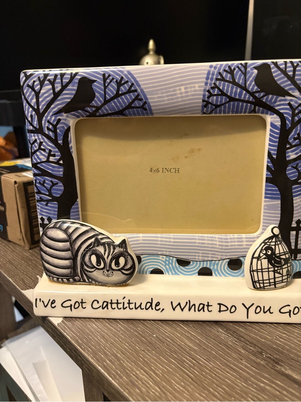 Decorative Cat-Themed 4x6 Photo Frame - Blue and White